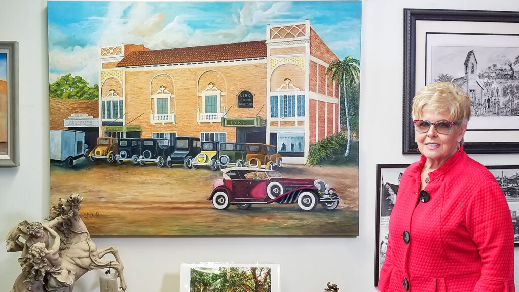 "The Lyric Theater, 1920 (circa)" painting by Janis Clary "O"is available at The 1895 Church of StuArt, a historic building in Downtown Stuart, Florida. 20% of the proceeds will be donated to the Stuart Heritage Museum in memory of Alice Luckhardt. 311 SW 3rd St., Stuart, Florida 34994