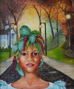 Carmen's Hat by Janis Clary "O". 29X25.5" Oil on canvas. Fine art for sale, home and office decor. Abstract, realism, impressionism. Stuart, Martin County, Treasure Coast, Florida. MartinArts, Martin Artisans Guild. Martin County Open Studio Tour