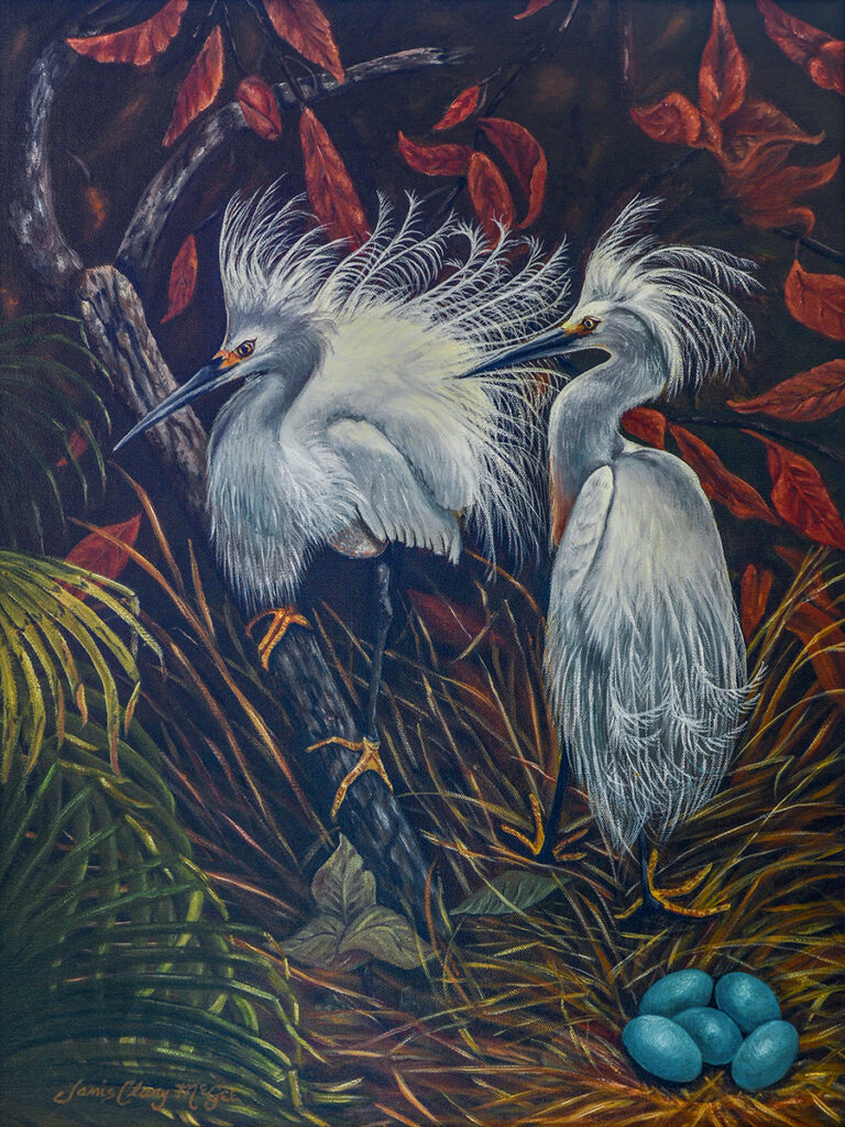 On The Nest. 22.5X27.5" Oil on Canvas. by Janis Clary. Fine art for sale, home and office decor. Abstract, realism, impressionism. Stuart, Martin County, Treasure Coast, Florida. MartinArts, Martin Artisans Guild. Martin County Open Studio Tour