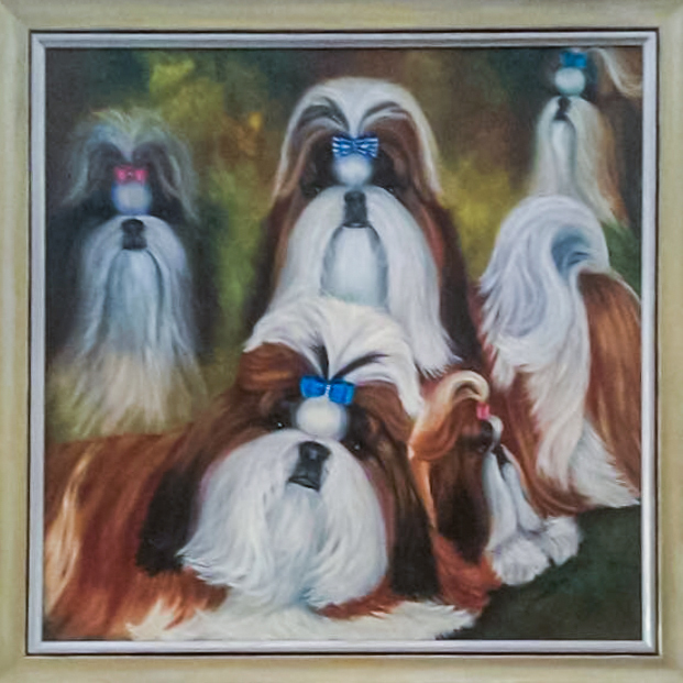 Lisa McKinney's canine family tree. Custom portrait for Lisa and Mike, 2013.